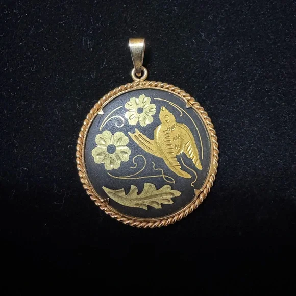 Damascene Gold Tone and Black Bird With Flowers Round Pendant (No Chain) - Picture 1 of 2